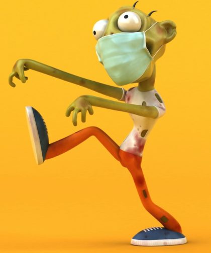 a cartoon character wearing a face mask and running