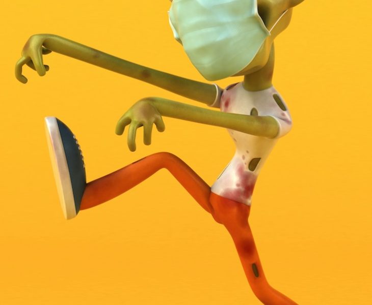 a cartoon character wearing a face mask and running