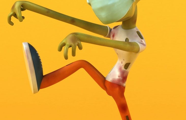 a cartoon character wearing a face mask and running