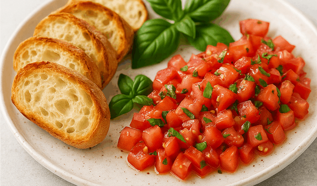 Mediterraner Genuss in nur 15 Minuten! 🍅 Frische Tomaten, duftendes Basilikum & knuspriges Baguette – dieser Bruschetta-Teller ist dein neuer Sommerliebling! #bruschetta #vorspeise #vegetarisch #schnellundeinfach #sommerrezept